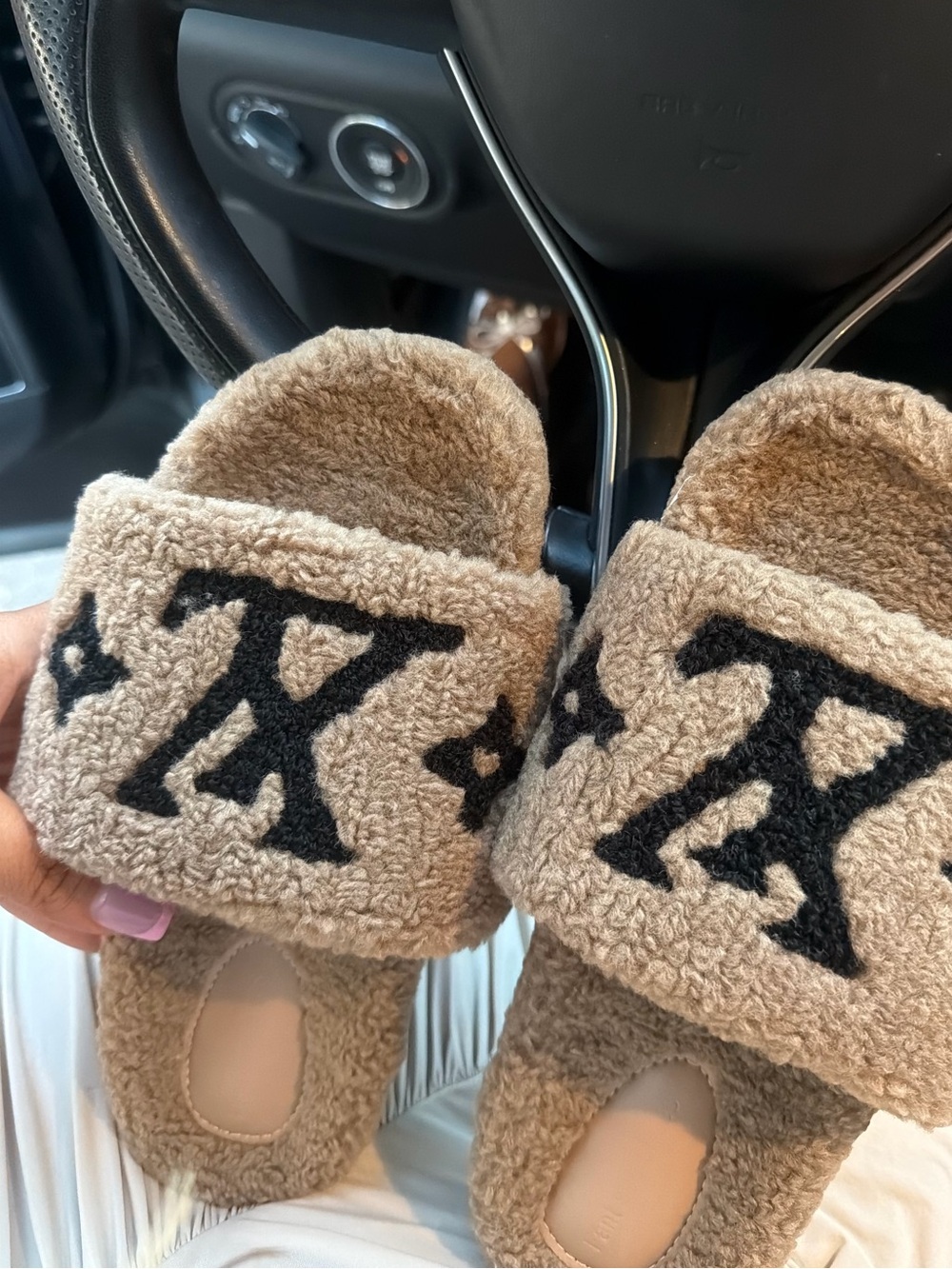 Tan Fuzzy Slide Sandals with Logo Accent